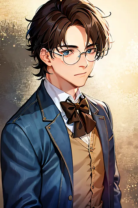 medium hair, messy hair, brown hair, blue eyes, denim jacket, bowtie, 1boy, male, formal, glasses, bar