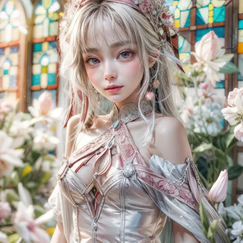 SFW, concept art, Tiny junior idol, Delicate lace knitted white clothes, (nipple:-0.9), face closeup, ((Dazzling stained glass Background)), (((Renbutsu Misako), colorful Light shines through stunning elaborate stained glass:1.2, vivid Red colors, lense Pa...