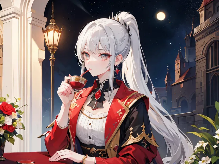 Gray Hair, Gray Eyes, ponytail, Royalty, Red Jewelry, Red Earrings, Lunar, Nobility, Nobleman, High Quality, Highly Detailed, Detailed Face, Masterpiece, Castle, Drinking Tea, Garden, Flowers, Lights