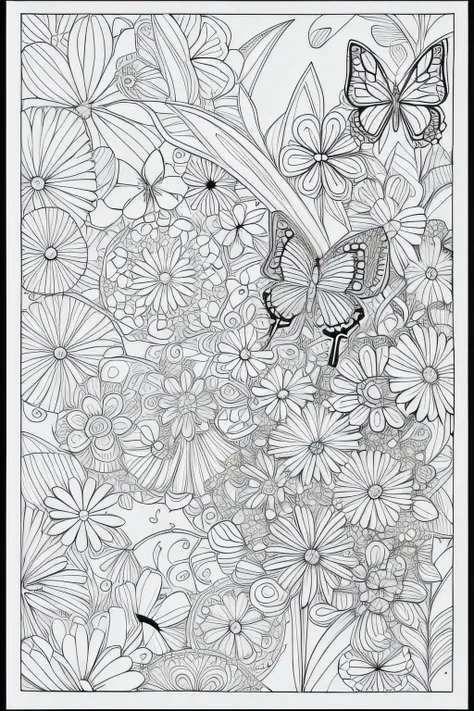 A coloring page with flowers and butterflies, simple and clean line art, children drawing book , black and white , crisp black lines , sharp lines , simple coloring page for kids, cartoon style 