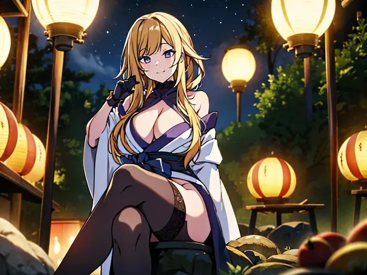 A Mature Western Girl , High Detailed Face ,Waist Long Bright Golden Hair, Orange Eyes, Big White Coat, Black Kimono, Exposed Shoulder, Blue Butterfly, Black Belt, Blue Ribbon Tail, Black Gloves, Black Stocking, Holding Japanese Latern , Sitting, Sexy Pose...