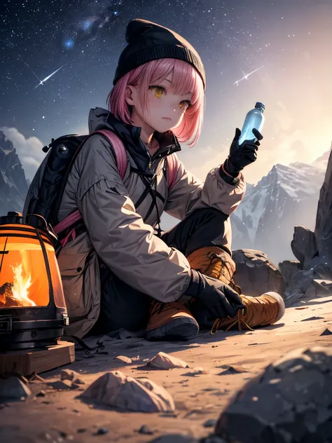 muste piece, best quality, ultra-detailsed, illustration, 1 girl, solo, outdoors, camping, night time, mountain range, nature, star, the moon, bonfire, tent, Yellow eyes、 ((Pink Short Bob))、Bangs at the top of the eyebrows、short bangs、cheerful, Feel happy,...