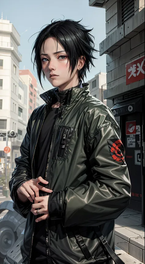 masterpiece, 1boy, superb style,  streetwear chothes, outdoor, upper body, uchiha sasuke, bright eyes, black hair, cool boy