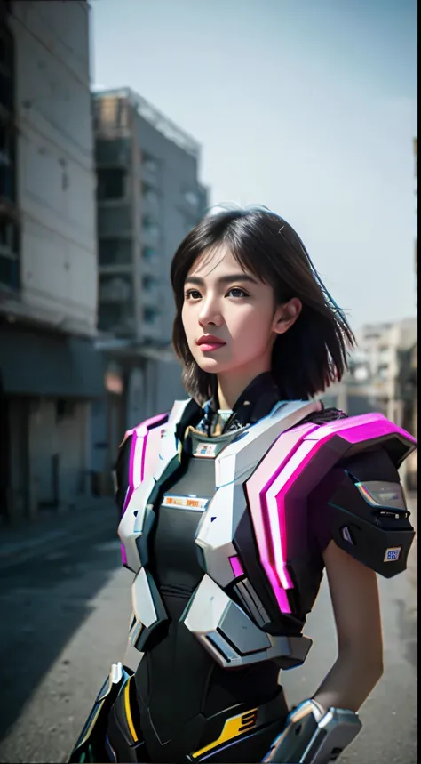 ((Best Quality)), ((Masterpiece)), (Very Detailed:1.3), 3D, mecha, Beautiful cyberpunk woman with her pink mech in the ruins of a city in the forgotten war, Ancient technology, HDR (High Dynamic Range), ray tracing, NVIDIA RTX, super resolution, unreal 5, ...