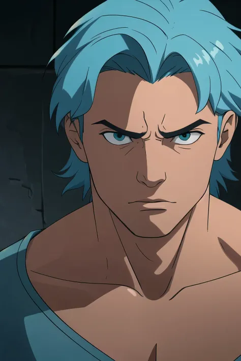 Parzival male, aqua color hair, exaggerated scared expression, one person headshot 