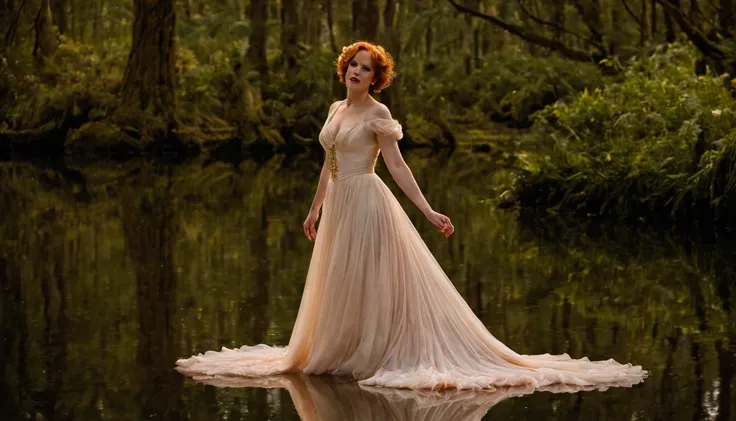 --Nymph --graceful --fluttering, "Molly Ringwald com vestido Branco longo" --olhos brilhantes --pele radiante --cabelos dourados --sorriso encantador --banho de luar suave, --Scenery --magical --enchanted forest --soft moonlight --lake, --Aura --serene --a...