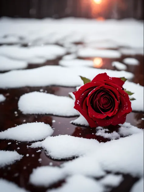 Zoom in on a single rose, Red rose生长在灌木丛上, Leaves and petals are covered with dust and snow,Shot with Canon 35mm lens, photo of a rose, Shot with Pentax K1000, Shot with Pentax 1000, Two 5mm ports, Photographed on Kodak Portra, Rose Downings, Red rose, 35m...