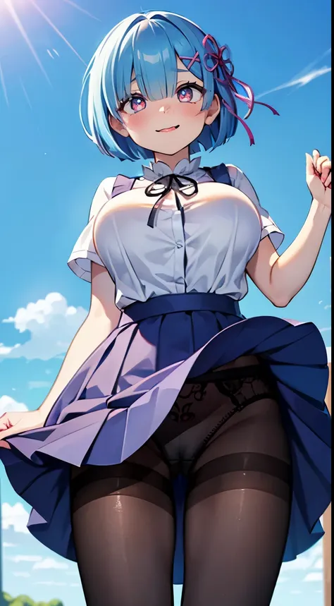 1 female,blue hair,red ribbon ,((Surprised look)),beautiful breasts,Eyes like very big breasts、huge boobs、white shirt,Blue Dress,good style,Slender thighs,Decorate the front beautifully)(((blush cheeks、embarrassed expression、Naughty smile)),(((The skirt is...