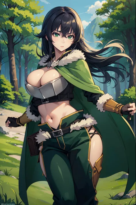 (masterpiece), best quality, expressive eyes, perfect face, highres, 1 girl, solo, (female body:1.3), iwatani naofumi girl, black hair, green eyes, fur trim, armor, green cape, pants, fingerless gloves, outdoor, forest, trees, standing, portrait, looking a...