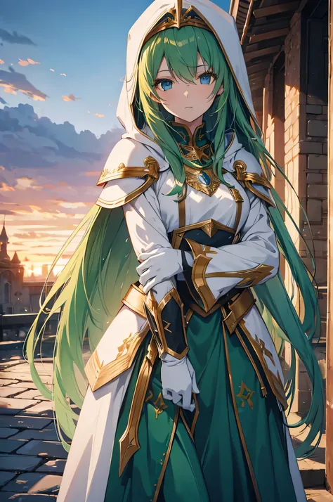 4k,High resolution,one woman,green hair,long hair,blue eyes,knight,white holy armor,white hood,gold decoration,Long sword,outside the church,sunset background