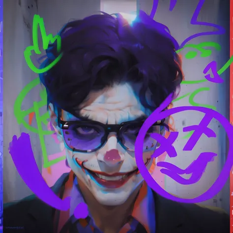 there is a man with glasses and a psycho smile, inspired by Heath ledger joker, masterpiece, background grafitti , nft portrait, digital art, masterpiece, art in the style of jinx arcane ,(extremely detailed CG portrait of 1girl, masterpiece, best quality...