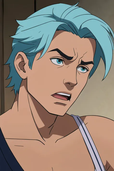 Parzival male, aqua color hair, exaggerated scared expression, one person headshot 