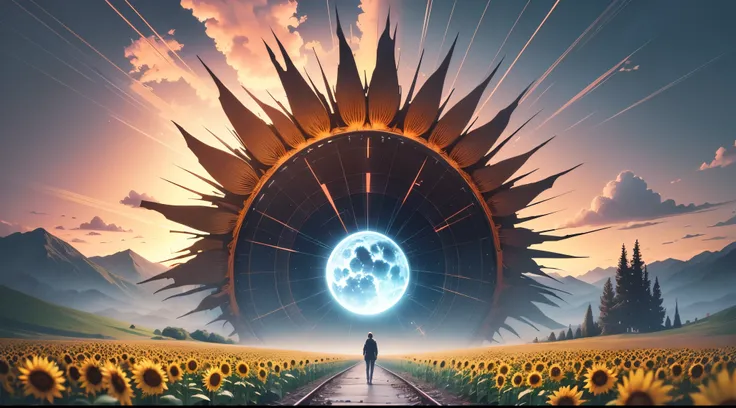 Sunflower, incident sunlight, blue sky, illustration, beautiful landscape, sharp focus, digital art, abstract art, mdjrny-v4 style  