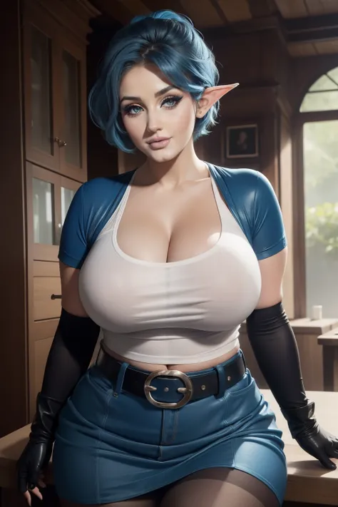 Lucy Pinder, ((very intense makeup)), sexy woman, voluptuous, cleavage, (Adele), chubby woman, lace, blue hair, short hair, elf ears, short sleeve t-shirt, white t-shirt, gloves, black skirt, belt , pantyhose, smiling.
