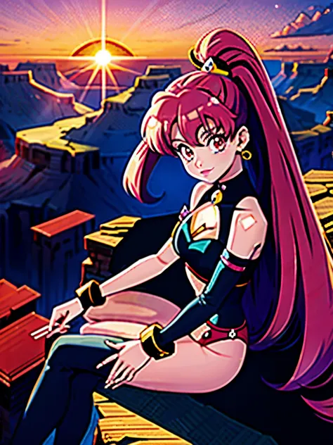 Ariana Grande as Yoko from tenguen toppa gurren laggan, sitting, looking at the viewer, background: grand canyon, beautiful sunset