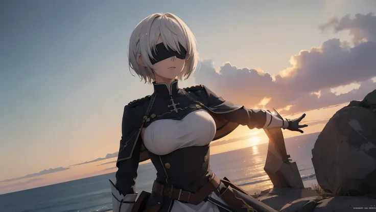 (extremely detailed CG unity 8k wallpaper), (masterpiece), (best quality), (ultra-detailed), (best illustration), (best shadow), (absurdres), 2b, 1girl, short hair, long ponytail, normal size boobs, white hair, blindfold solo, Intimidating women, admiral u...