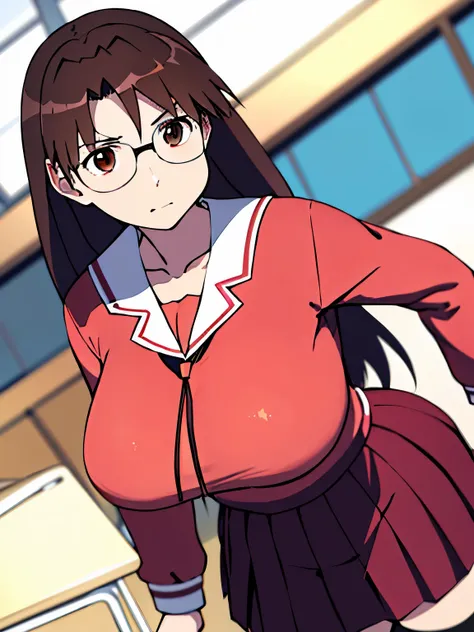 absurdres, highres, ultra detailed, high quality, (1girl:1.3), azumanga daioh's school uniform, huge breasts, brown eyes, brown ...