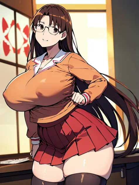 absurdres, highres, ultra detailed, high quality, (1girl:1.3), azumanga daiohs school uniform, huge breasts, brown eyes, brown hair, glasses, mizuhara koyomi, azumanga daioh, long hair, long sleeves, pink shirt, pleated skirt, red skirt, school uniform, se...