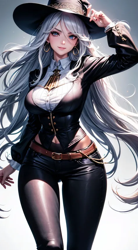 (best quality:1.5, highres, UHD, 4K, detailed lighting, shaders), white wavy hair, gradient hair, large breasts, black shirt, skirt jeans, mature woman , black Witcher hat, (pov), white background, colorful red eyeshadow, dramatic lighting, smile eyepressi...