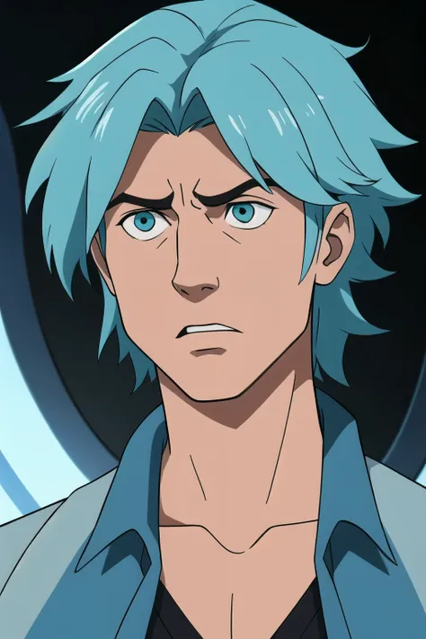 Parzival male, aqua color hair, exaggerated scared expression, one person headshot 