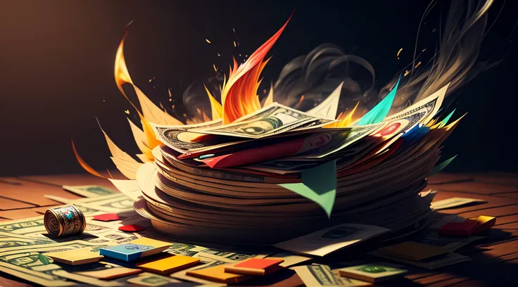 (no one), money bill burning, colorful, realistic, high quality, sharp focus, high details,