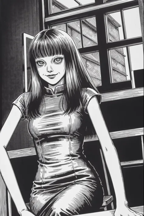 woman, smile, sitting in classroom, tomie, disgusting, creepy, nightmare, disturbing, by junji ito,