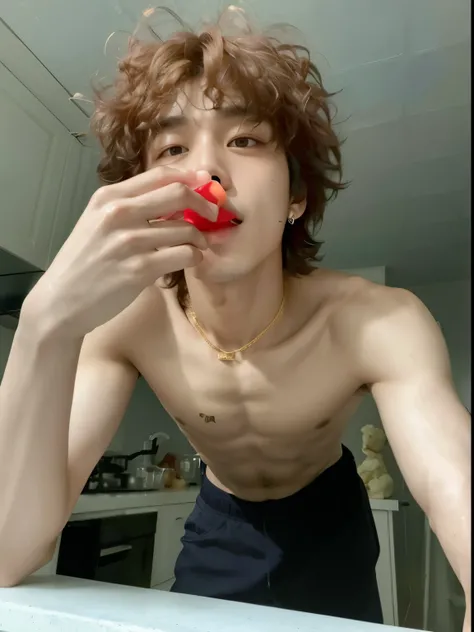 tem um homem com nariz vermelho e nariz vermelho escovando os dentes, cai xukun, taejune kim, homem jovem e magro, menino musculoso coreano de 2 a 1 anos, Taehyung comendo batatas fritas Gucci, bladee da gangue de drenagem, taken at the beginning of 2020, ...