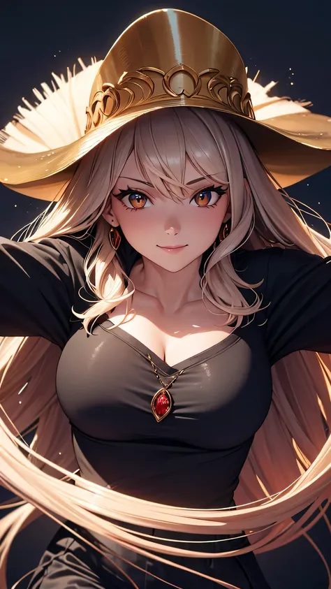 (best quality:1.5, highres, UHD, 4K, detailed lighting, shaders), gold wavy hair, gradient hair, large breasts, black shirt, skirt jeans, mature woman , red Witcher hat, (pov), white background, colorful red eyeshadow, dramatic lighting, smile eyepression,...