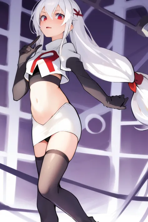 masterpiece:1.2,best quality:1.2, incredibly absurdres, absurdres, highres, wallpaper, colorful, anime,
1girl, solo, vampire (azur lane), petite, white hair, long hair, red hair ribbons,twintails, red eyes, adapted turret, team rocket,team rocket uniform,w...