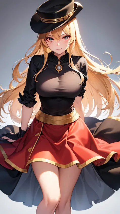 (best quality:1.5, highres, uhd, 4k, detailed lighting, shaders), gold wavy hair, gradient hair, large breasts, black shirt, ski...