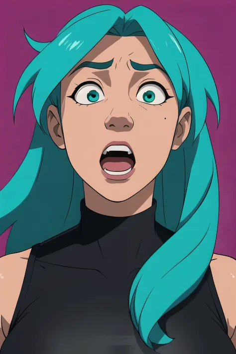 Parzival male, aqua color hair, exaggerated scared expression, one person headshot 