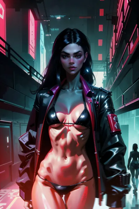 obra-prima, melhor qualidade, seios pequenos, 1girl, cabelo curto, cabelo moicano, cabelo vermelho,  Cyberpunk bikini red and black, sexy, Futuristic cyberpunk, cyberpunk, corpo inteiro