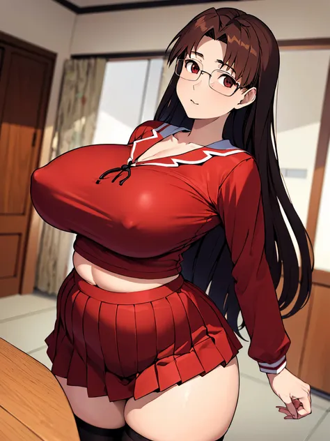 absurdres, highres, ultra detailed, high quality, (1girl:1.3), azumanga daiohs school uniform, huge breasts, brown eyes, brown hair, glasses, mizuhara koyomi, azumanga daioh, long hair, long sleeves, pink shirt, pleated skirt, red skirt, school uniform, se...