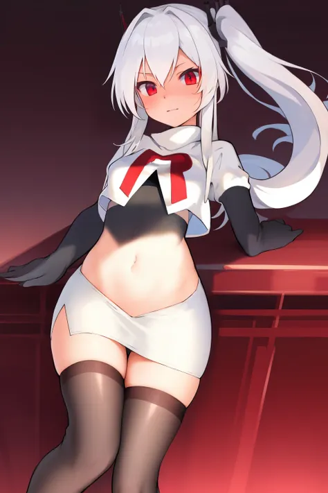 masterpiece:1.2,best quality:1.2, incredibly absurdres, absurdres, highres, wallpaper, colorful, anime,
1girl, solo, vampire (azur lane), petite, white hair, long hair, red hair ribbons,twintails, red eyes, adapted turret, team rocket,team rocket uniform,w...