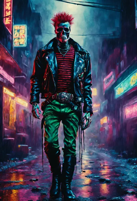 rainfall, horror movie still frame, vivid colors, punk, a gangster head skeleton with a high boots, wearing dark red leather jacket and striped shirt, fantastical art, a skeleton with boots standing on road way in the cyberpunk city during the midnight, st...