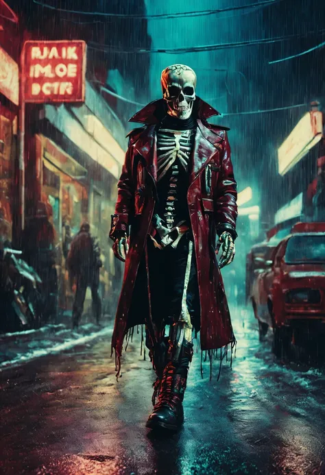 rainfall, horror movie still frame, vivid colors, punk, a gangster skeleton with a high boots, wearing dark red leather jacket and striped shirt, fantastical art, a skeleton with boots standing on road way in the cyberpunk city during the midnight, streets...