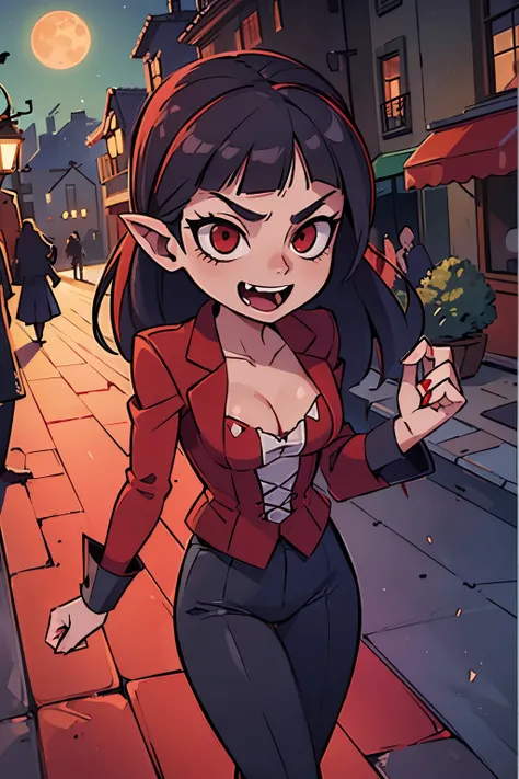 (((Top quality and highly detailed photorealism)))，((Vampire Woman: Red Eyes、Very ),(Walk gracefully along bustling  boulevards),(In the moonlight),(a scene from a movie:1.2))