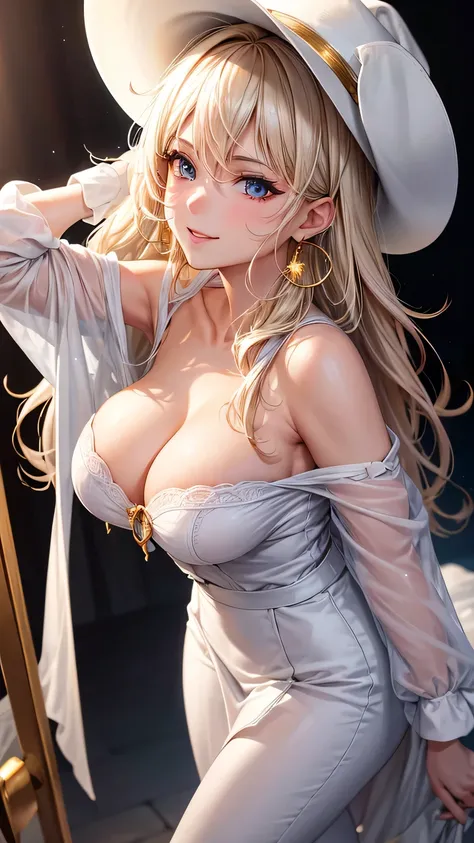 (best quality:1.5, highres, UHD, 4K, detailed lighting, shaders), gold wavy hair, gradient hair, large breasts, white shirt, white skirt jeans, mature woman , white Witcher hat, (pov), white background, colorful red eyeshadow, dramatic lighting, smile eyep...