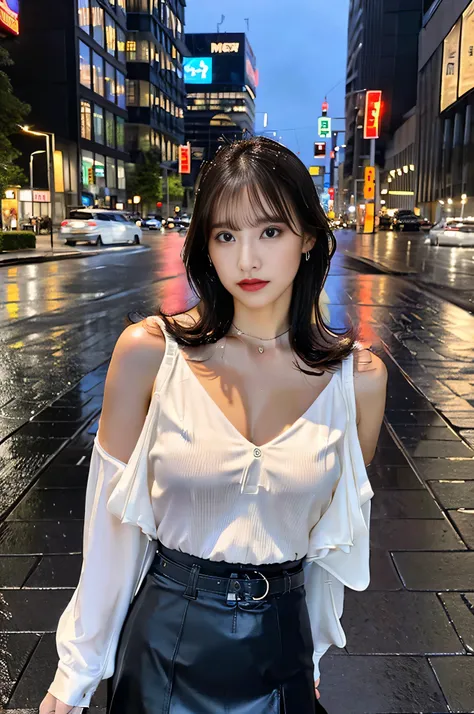 (highest quality,8k,masterpiece),
A woman standing in the middle of the road,standing with legs apart, 24-years-old, ((beautiful face)), (wet clothes:1.4), ((Real rain)), ((wet hair)), (Rain drips all over the body), 
Wavy short bob hair,
big breasts,depic...