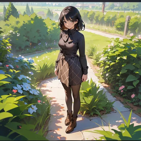 (high quality, High resolution, Super detailed, realistic:1.37), peaceful atmosphere, (outdoor, garden), Teenage girl standing alone, (My breasts are big.), Beautiful detailed features, cute smile, (black bob hair), Rib Sweater, Burberry Check Skirt, Black...