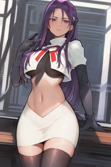 2d, masterpiece, best quality, anime, highly detailed, cowboy shot, 1girl, solo, yuri, purple eyes, purple hair, long hair, hairclip, [[large breasts]], team rocket,team rocket uniform,white skirt,red letter R,crop top,black thigh-highs,black elbow gloves