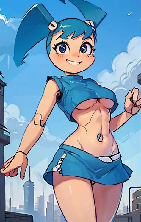 High quality portrait of Jenny Wakeman walking down a futuristic city. Day time. Looking at viewer. Smiling. Robot body, robot joints. Blue bolt on belly button, blue mini skirt