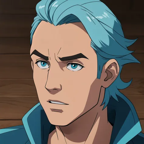 Parzival male, aqua color hair, exaggerated expression, one person headshot 