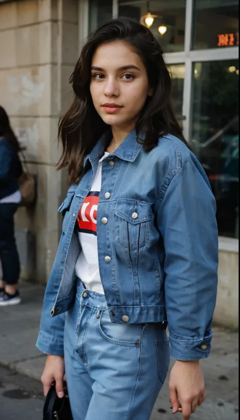 Buetifull girl from the 90s, 90s styled womens hair, wearing jean jacket, wearing jeans, young,