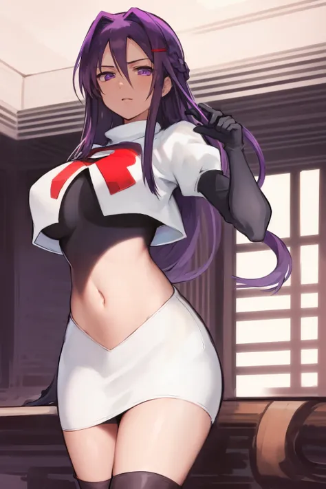 2d, masterpiece, best quality, anime, highly detailed, cowboy shot, 1girl, solo, yuri, purple eyes, purple hair, long hair, hairclip, [[large breasts]], team rocket,team rocket uniform,white skirt,red letter R,crop top,black thigh-highs,black elbow gloves