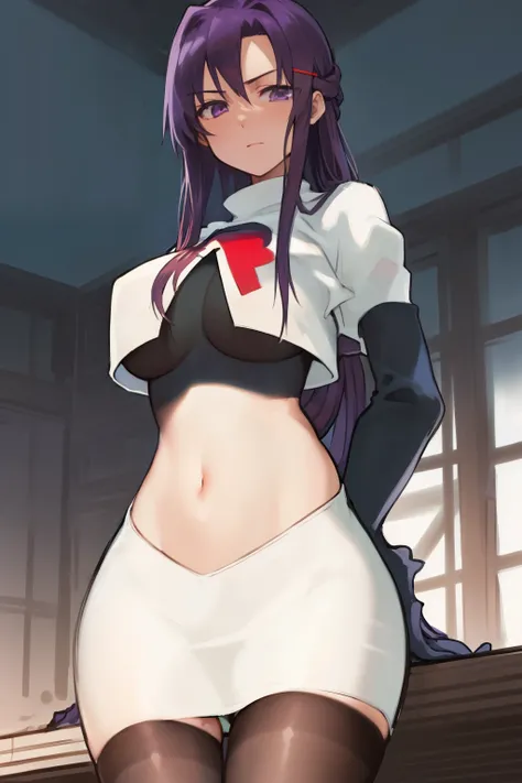 2d, masterpiece, best quality, anime, highly detailed, cowboy shot, 1girl, solo, yuri, purple eyes, purple hair, long hair, hairclip, [[large breasts]], team rocket,team rocket uniform,white skirt,red letter R,crop top,black thigh-highs,black elbow gloves