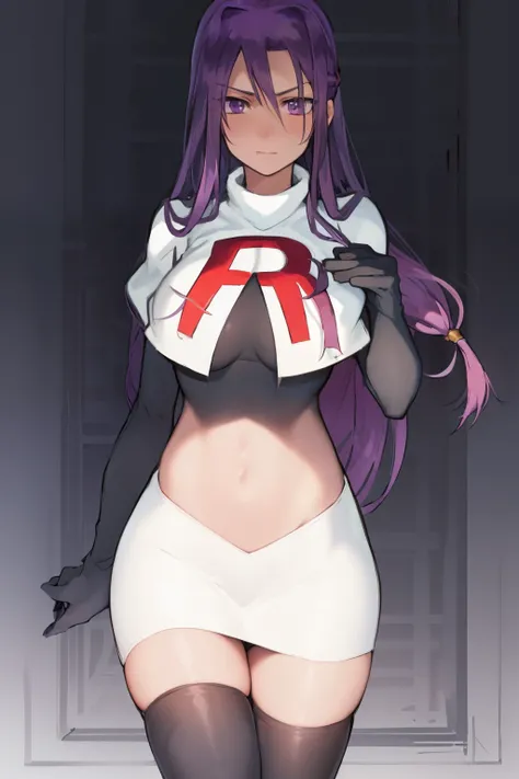 2d, masterpiece, best quality, anime, highly detailed, cowboy shot, 1girl, solo, yuri, purple eyes, purple hair, long hair, hairclip, [[large breasts]], team rocket,team rocket uniform,white skirt,red letter R,crop top,black thigh-highs,black elbow gloves