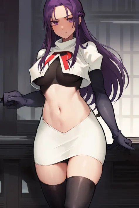 2d, masterpiece, best quality, anime, highly detailed, cowboy shot, 1girl, solo, yuri, purple eyes, purple hair, long hair, hairclip, [[large breasts]], team rocket,team rocket uniform,white skirt,red letter R,crop top,black thigh-highs,black elbow gloves