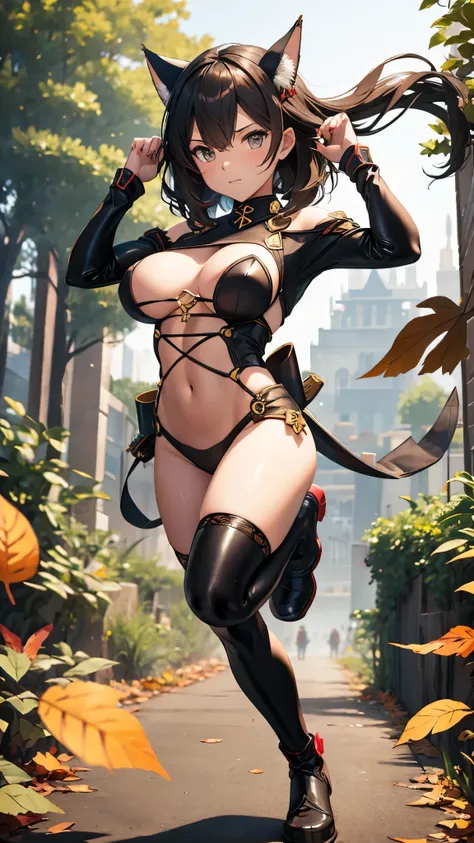 (best quality,4k,highres),detailed eyes,ninja girl,slim figure,medium sized breasts,long legs,katana sword,sharp focus,action,splitting leaves,falling leaves,tree,black ninja costume,latex,dramatic scene