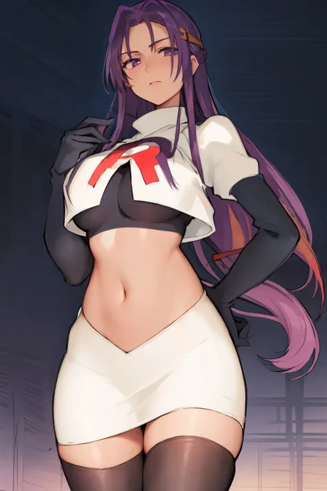 2d, masterpiece, best quality, anime, highly detailed, cowboy shot, 1girl, solo, yuri, purple eyes, purple hair, long hair, hairclip, [[large breasts]], team rocket,team rocket uniform,white skirt,red letter R,crop top,black thigh-highs,black elbow gloves